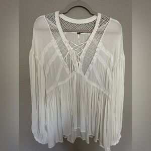 Free People Tell Tale Heart Lace Up Tunic Blouse Ivory White Size [L]